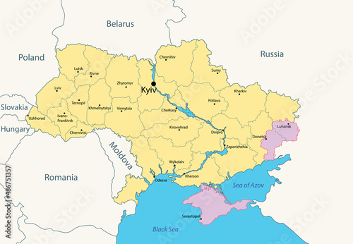 Ukraine, administrative map with occupied territories by Russia - Donbass and Crimea, as of January 2022. Vector illustration photo