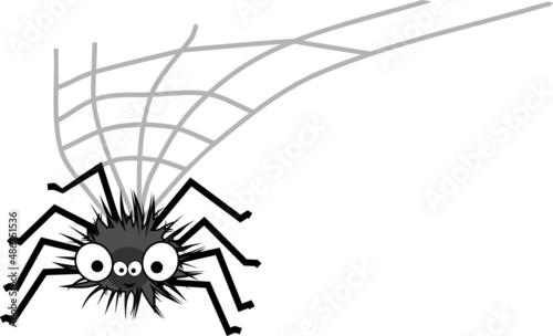 Funny big-eyed cartoon shaggy black spider and web isolated on white background