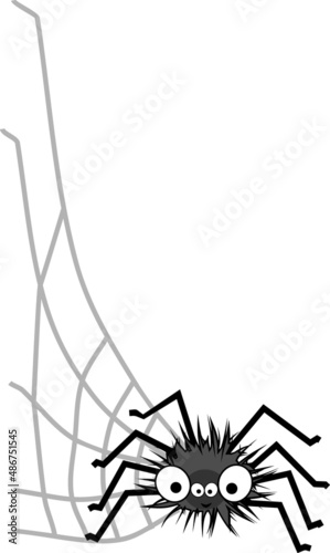 Funny big-eyed cartoon shaggy black spider and web isolated on white background