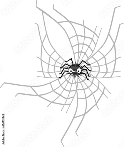 Funny big-eyed cartoon shaggy black spider and web isolated on white background