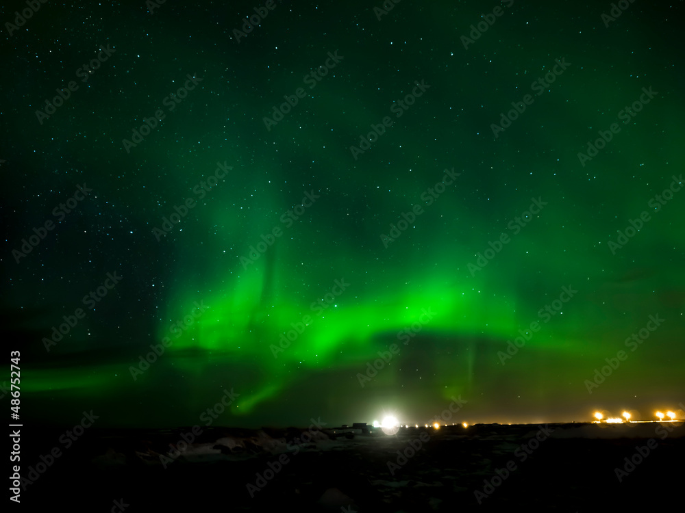 Scenery with northern lights, Aurora borealis over Reykjanes peninsula, Iceland