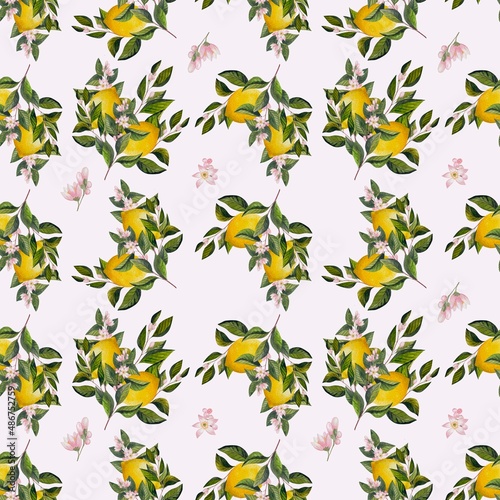 Watercolor pattern lemons and green branches