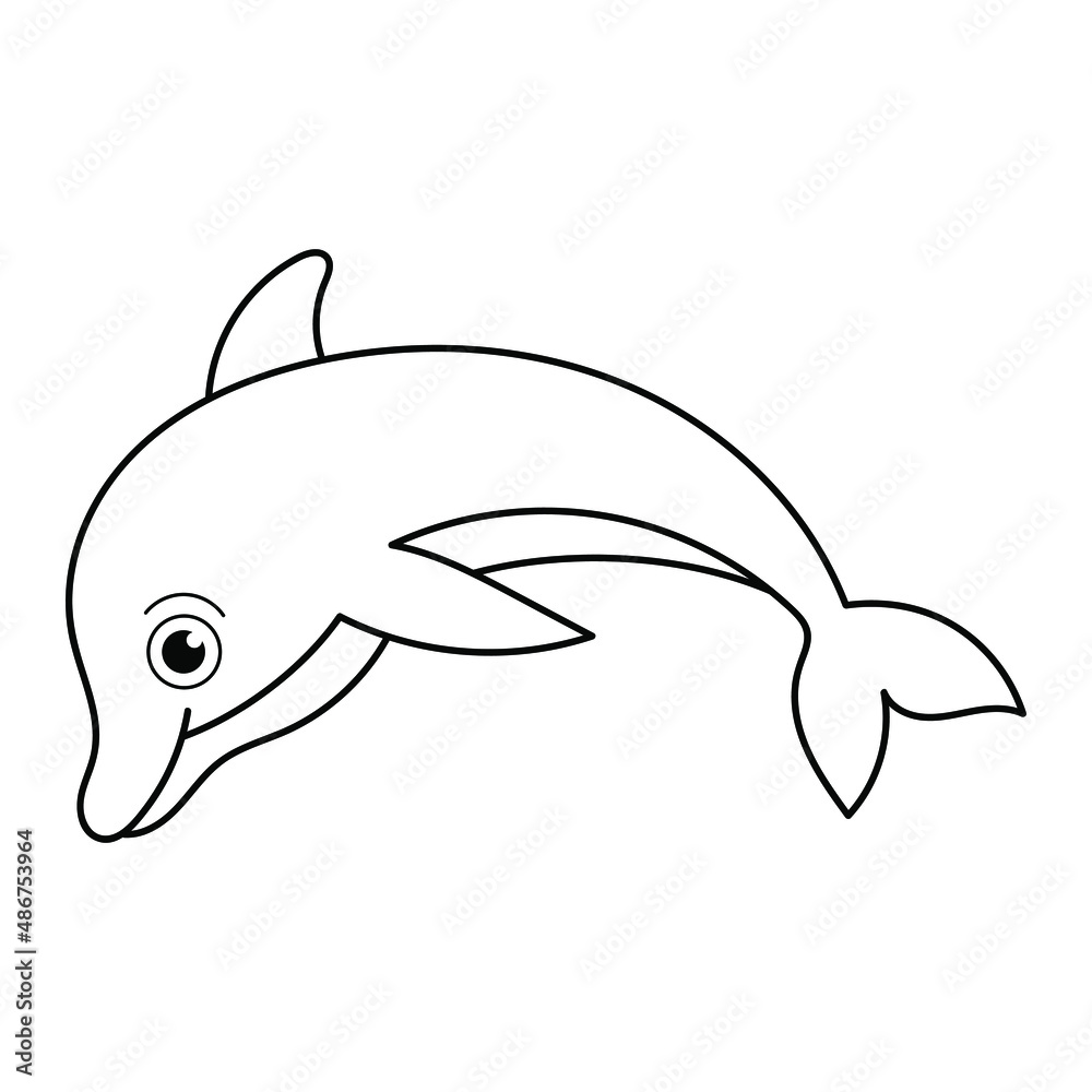 Naklejka premium Coloring pages. Marine wild animals. Little cute baby dolphin smiles.