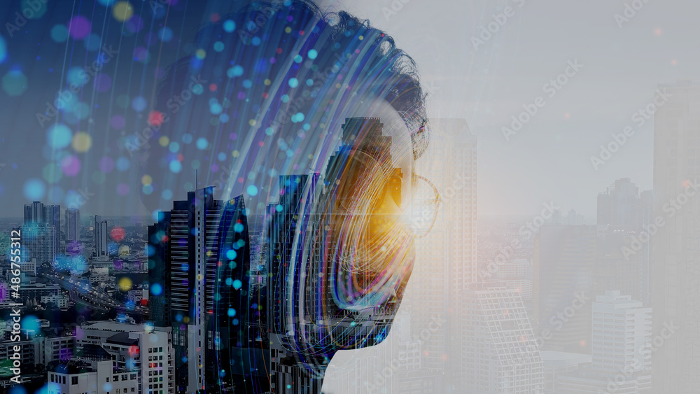 Double exposure of business woman and Big Data concept. Digital neural network.Introduction of artificial intelligence. Cyberspace of future.Science and innovation of technology.city background.