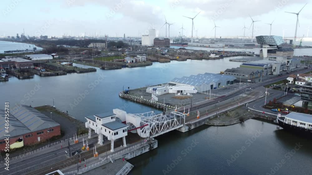 Drone aerial view of Mexico Bridge, dry docks, windmill park and Havenhuis Drone aerial view of Mexico Bridge, dry docks, windmill park and Havenhuis
