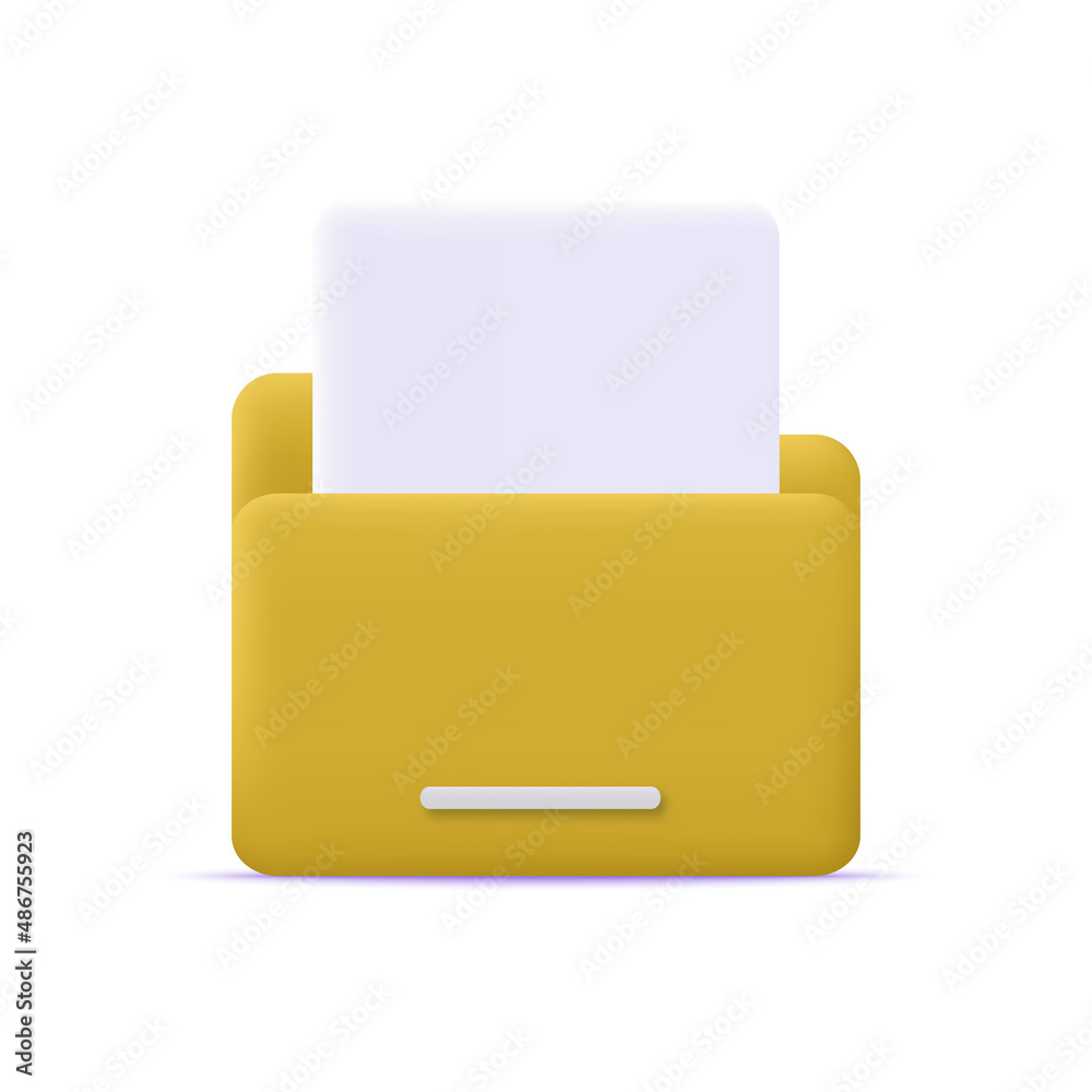 3d yellow color cartoon style archive folder with files. Vector