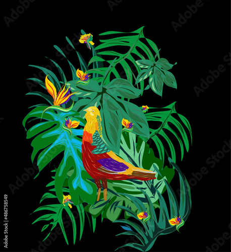 Contrast color bird of paradise and exotic flower and leaves Seamless pattern Hand drawn style Isolated on black color. Floral Botanical Decoration Texture. Design for structure print, Wallpaper