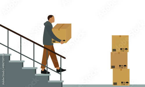 Male character carrying cardboard boxes down stairs on white background