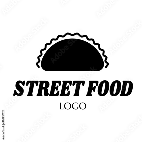fast food vector logo sticker with text and tacos. label with lettering for words STREET FOOD. badge, emblem, signboard. tacos symbol. unique junk food logo design concept and idea. daily meals