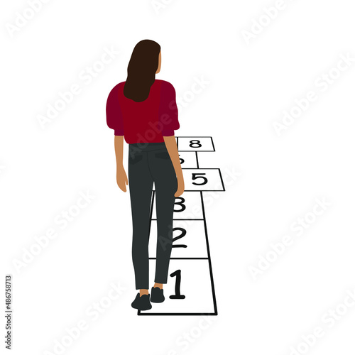 Female character stands on the field for playing classics on a white background