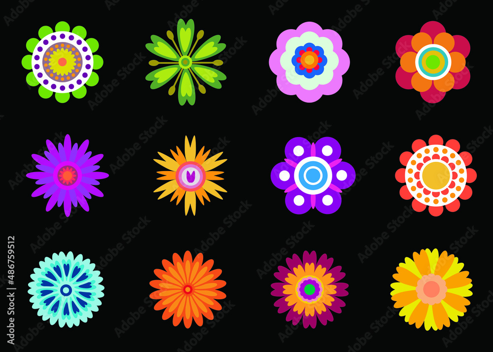 Floral icons isolated on black background collection. Retro design elements for stickers, labels, tags, gift wrapping paper, greeting cards. Colored flowers Floral icons isolated on black background collection. Retro design elements for stickers, labels, tags, gift wrapping paper, greeting cards. Colored flowers