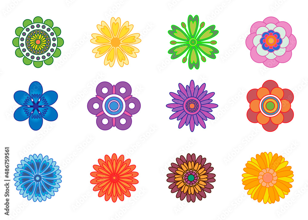 Flowers isolated on white background. Set of colorful flower icons. Flowers in a flat style