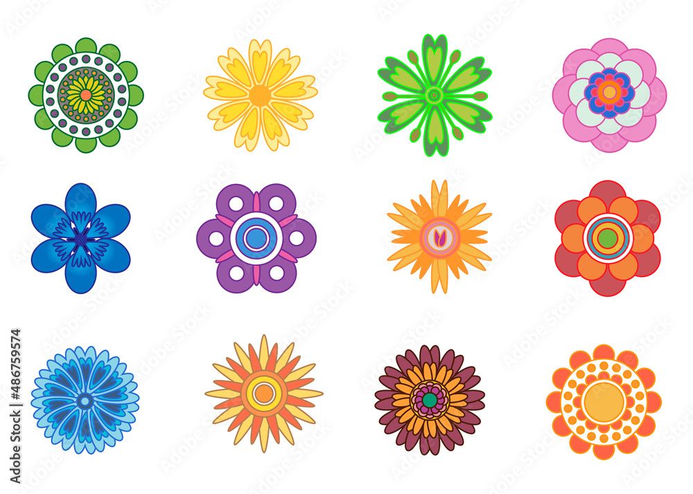Set of flat flower icons in silhouette. Simple retro illustrations of bright colors for stickers, labels, tags, gift wrapping paper, scrapbooking