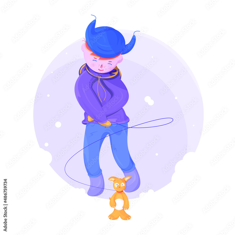 Vector boy dressed in blue ear flap hat walking out with a light orange, yellow dog on winter day. Red hair smiling kid with shut eyes keeping a dog on leash. The dog is holding a big snow ball.  