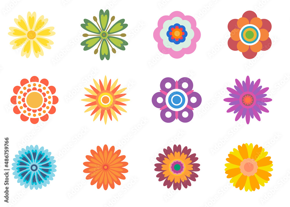 Set of flowers isolated on white. Simple retro illustration in bright colors for stickers, labels, tags, gift paper. colored flowers Set of flowers isolated on white. Simple retro illustration in bright colors for stickers, labels, tags, gift paper. colored flowers