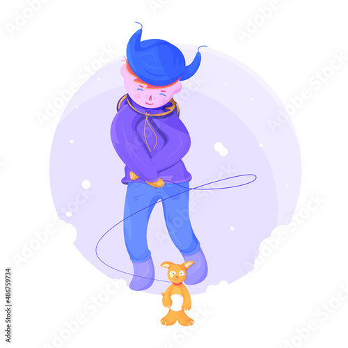 Vector boy dressed in blue ear flap hat walking out with a light orange, yellow dog on winter day. Red hair smiling kid with shut eyes keeping a dog on leash. The dog is holding a big snow ball.  