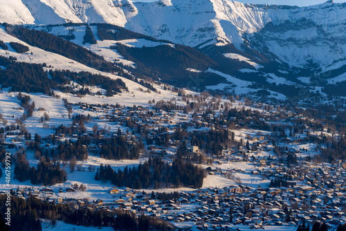 The city of Megeve in the middle of the Mont Blanc massif in Europe, France, Rhone Alpes, Savoie, Alps, in winter, on a sunny day.