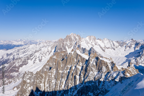 Aiguille Verte, Du Jardin, Les Drus and Les Droites in Europe, France, Rhone Alpes, Savoie, Alps, in winter on a sunny day.