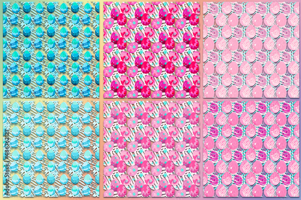 Set, collection.Seamless texture. Backgrounds with Easter eggs. For the Easter holiday - a pattern of bright eggs. Repeating pattern for printing on paper and fabric.