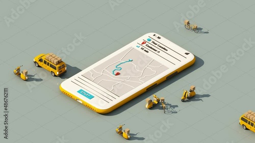 Fast delivery by scooter bike and van with mobile. E-commerce concept. Online food and shopping order with route map. Webpage, app design. yellow and gray. isometric 3d render animation looped