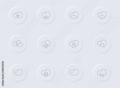 cloud computing gray vector icons on round rubber buttons. cloud computing icon set for web, mobile apps, ui design and promo business polygraphy
