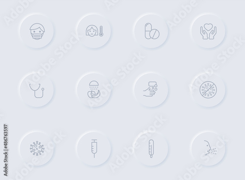 coronavirus gray vector icons on round rubber buttons. coronavirus icon set for web, mobile apps, ui design and promo business polygraphy