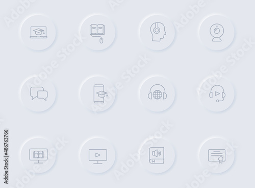 e learning gray vector icons on round rubber buttons. e learning icon set for web, mobile apps, ui design and promo business polygraphy