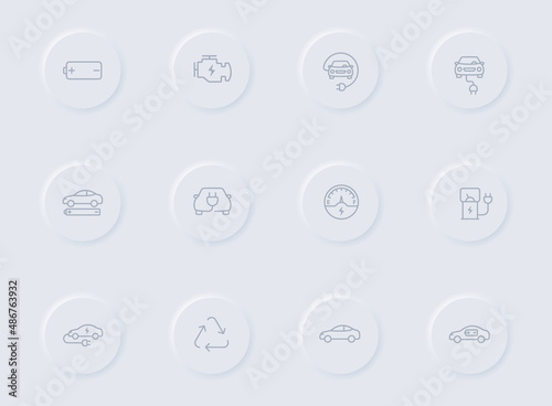 electro car gray vector icons on round rubber buttons. electro car icon set for web, mobile apps, ui design and promo business polygraphy