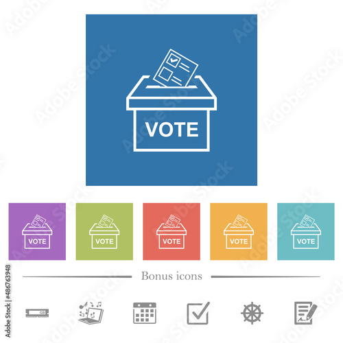 Voting paper and ballot box outline flat white icons in square backgrounds