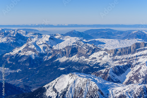 The Aiguillette des Houches and Plate desert in Europe, France, Rhone Alpes, Savoie, Alps in winter on a sunny day.