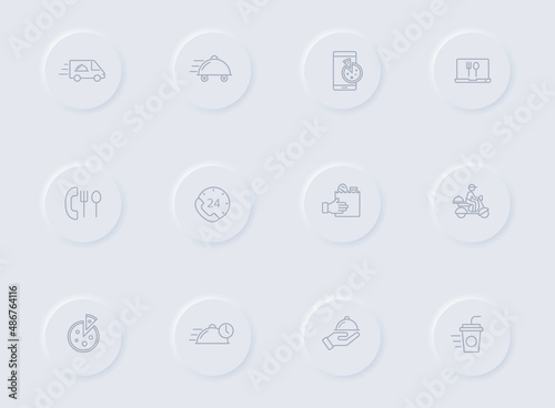 food delivery gray vector icons on round rubber buttons. food delivery icon set for web, mobile apps, ui design and promo business polygraphy