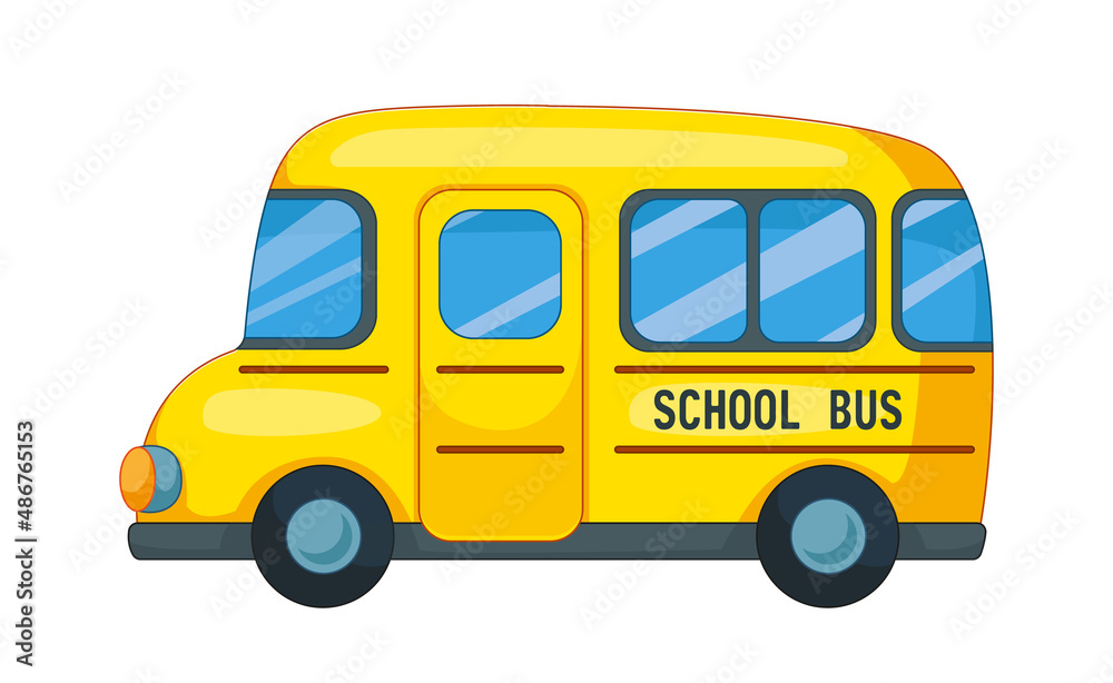 Yellow school bus. American Transport for school and kindergarten. Vector illustration in cartoon childish style. Isolated funny clipart on white background. cute print.