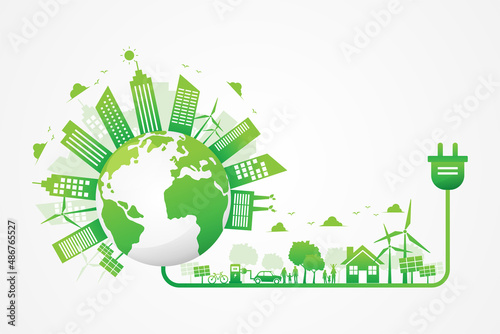 green city sustainable ecology and energy plug power. eco cityscape on earth. world environment day. vector illustration in flat style modern design. isolated on white background.