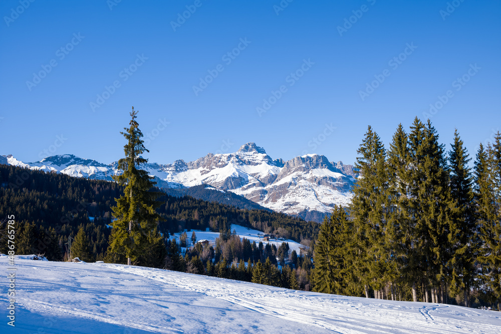 The Chaine des Aravis in the snowy mountain in Europe, France, Rhone Alpes, Savoie, Alps, in winter, on a sunny day.
