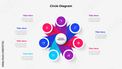 Central circle with seven small circles around it. Design concept of 7 steps or parts of business cycle. Infographic design template. Business data visualization.