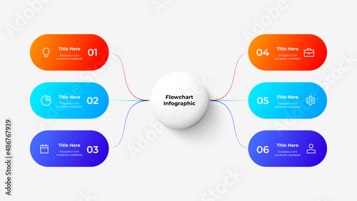 Flowchart with 6 rounded elements connected to the central circle by thin lines. Concept of six stages of business project. Modern infographic design template