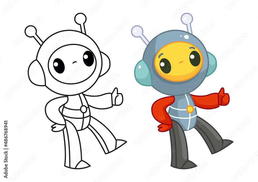 Obraz premium The astronaut stands and shows the class symbol with his hand. Set with coloring book and color example. Happy cute alien in a spacesuit smiles. Vector illustration in cartoon style. Isolated clipart.