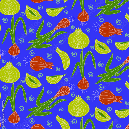 Colorful green onion pattern. Vector illustration in doodle style. Elements of green onions on a blue background. Bright texture for print and web space, interior decor.