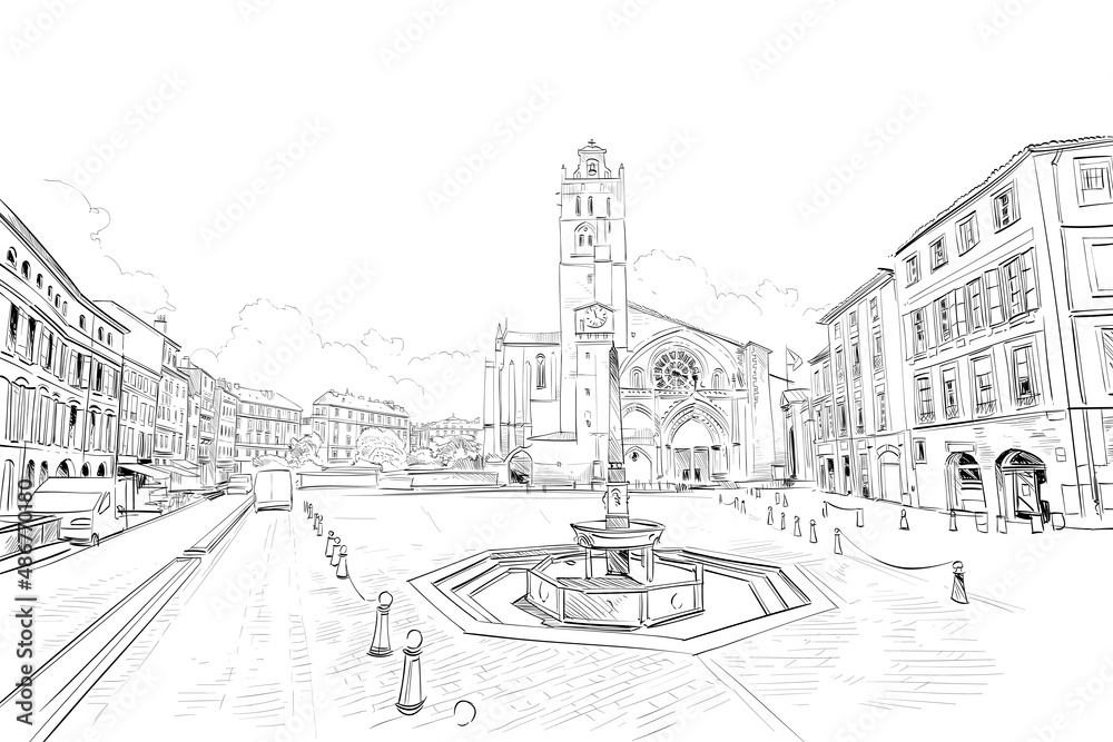 Saint Etienne Cathedral. Toulouse, France. Hand drawn sketch. Vector illustration.
