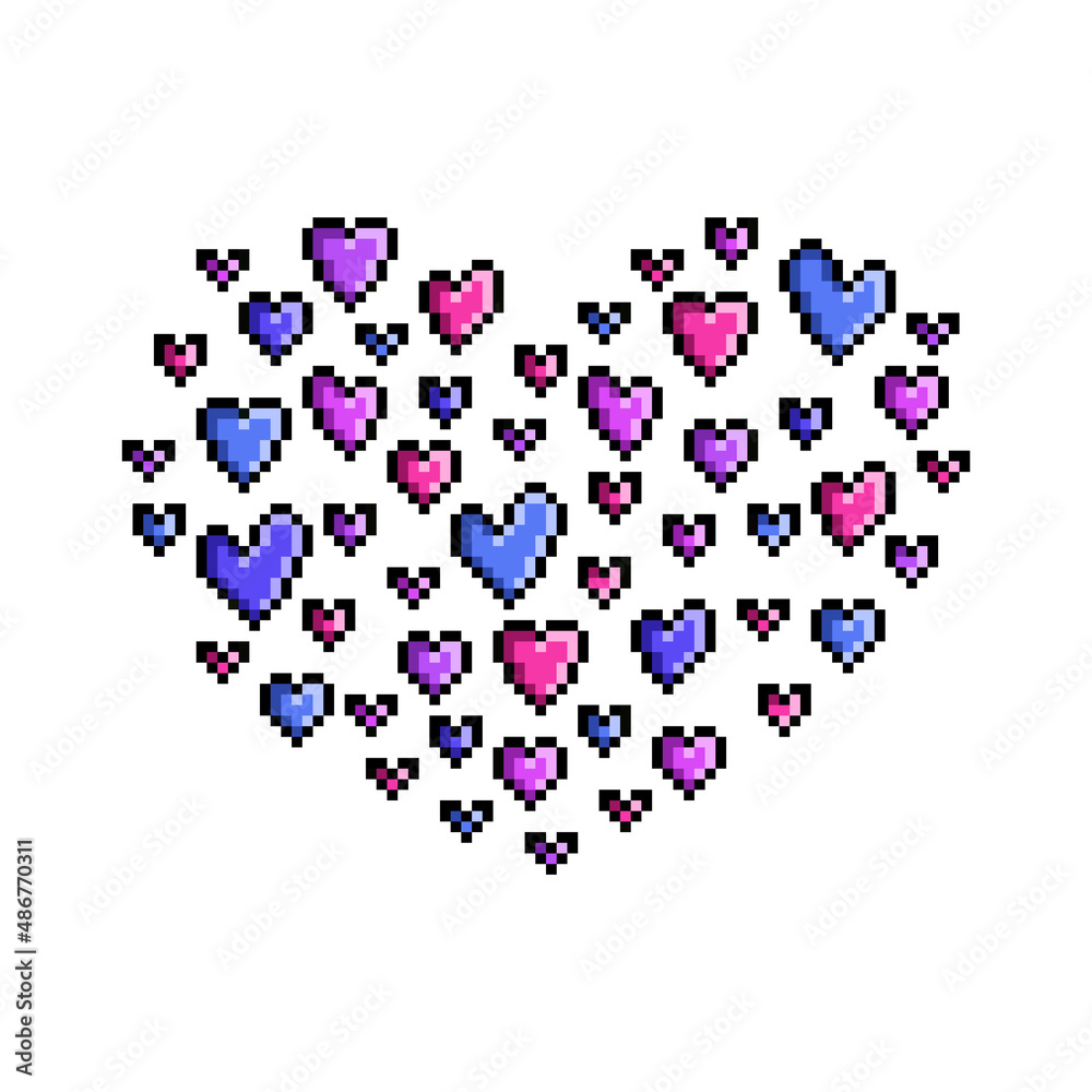 Big heart consisting of many smaller hearts, pixel art love symbol isolated on white background. Wedding, Valentine's day print. February 14th romantic icon. Retro 80s, 90s 8 bit video game graphics. Big heart consisting of many smaller hearts, pixel art love symbol isolated on white background. Wedding, Valentine's day print. February 14th romantic icon. Retro 80s, 90s 8 bit video game graphics.
