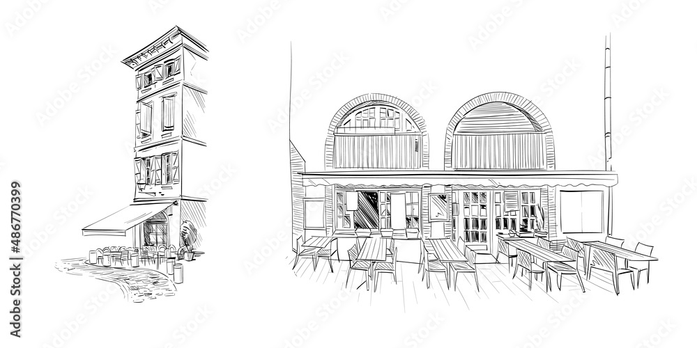 Cafe street Toulouse, France. Hand drawn sketch. Vector illustration.