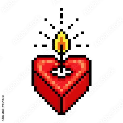 Red burning heart-shaped tea candle, pixel art love symbol isolated on white background. Wedding, Valentine's day print. February 14th romantic tealight icon. Retro 80s, 90s 8 bit video game graphics.