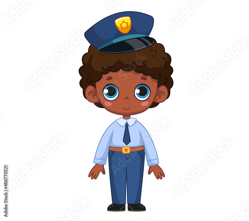 Cute cartoon black boy kid dressed as a police officer. The concept of choosing a profession by a schoolboy and a child. Vector illustration of a character. Isolated funny clipart. policeman.