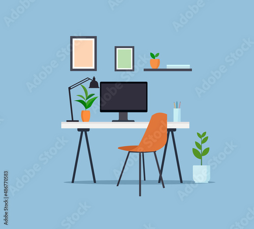 Creative workplace with computer, modern office furniture flat stock illustration
