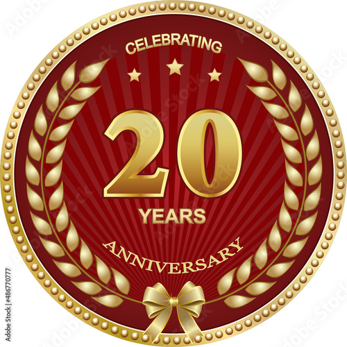 20th anniversary celebration, logo vector design, greeting  card with laurel wreath in golden circle on red background with stars. 