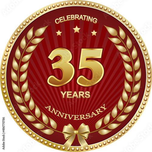 35th anniversary celebration logo,  vector design, greeting  card with laurel wreath in golden circle on red background with stars.