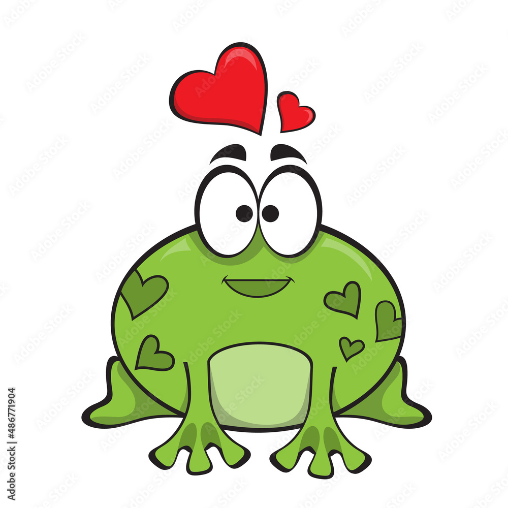Funny little frog with red hearts overhead. In cartoon style. Isolated on white background. Vector illustration. Funny little frog with red hearts overhead. In cartoon style. Isolated on white background. Vector illustration.