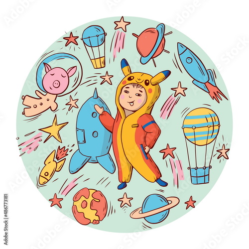 Boy in pajamas kigurumi. Kawaii pajama space party. Set of astronaut cartoon characters and elements. Children s promo.