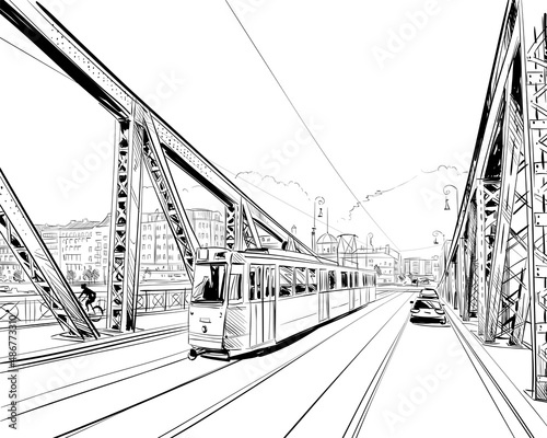 The Bridge of Freedom. Budapest. Hungary. Europe. Hand drawn vector illustration.