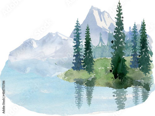 watercolor mountain landscape clipart, forest lake background clip art, summer nature painting image, sublimation design